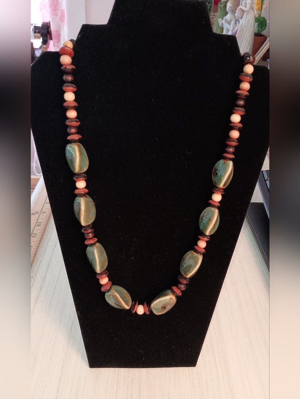 Handcrafted Artisan Green and Brown Pottery Beaded Women's Necklace